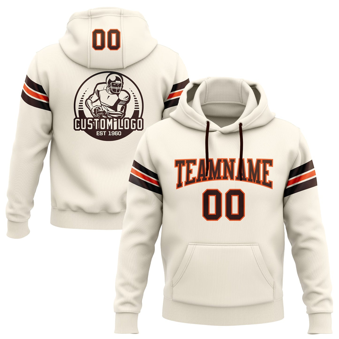 Custom Stitched Cream Brown-Orange Football Pullover Sweatshirt Hoodie - Main View
