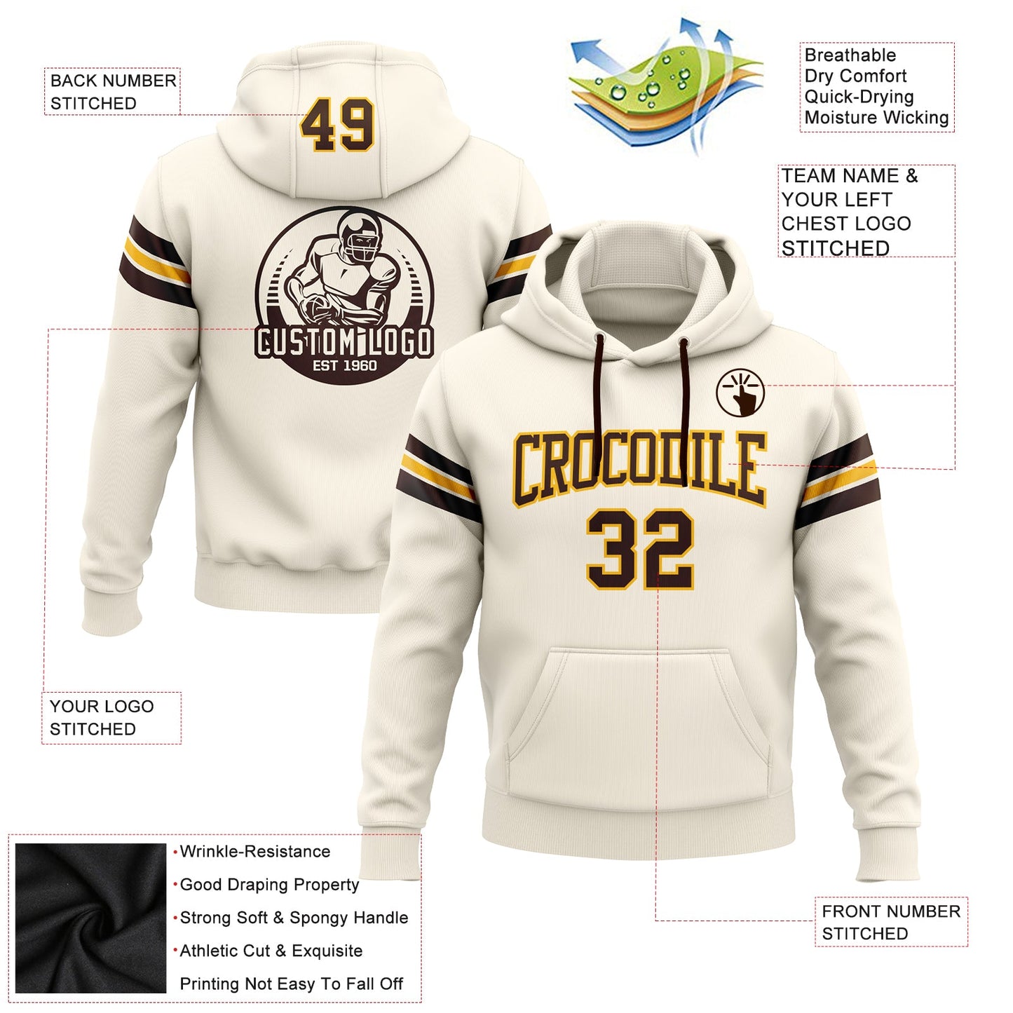 Custom Stitched Cream Brown-Gold Football Pullover Sweatshirt Hoodie view 2