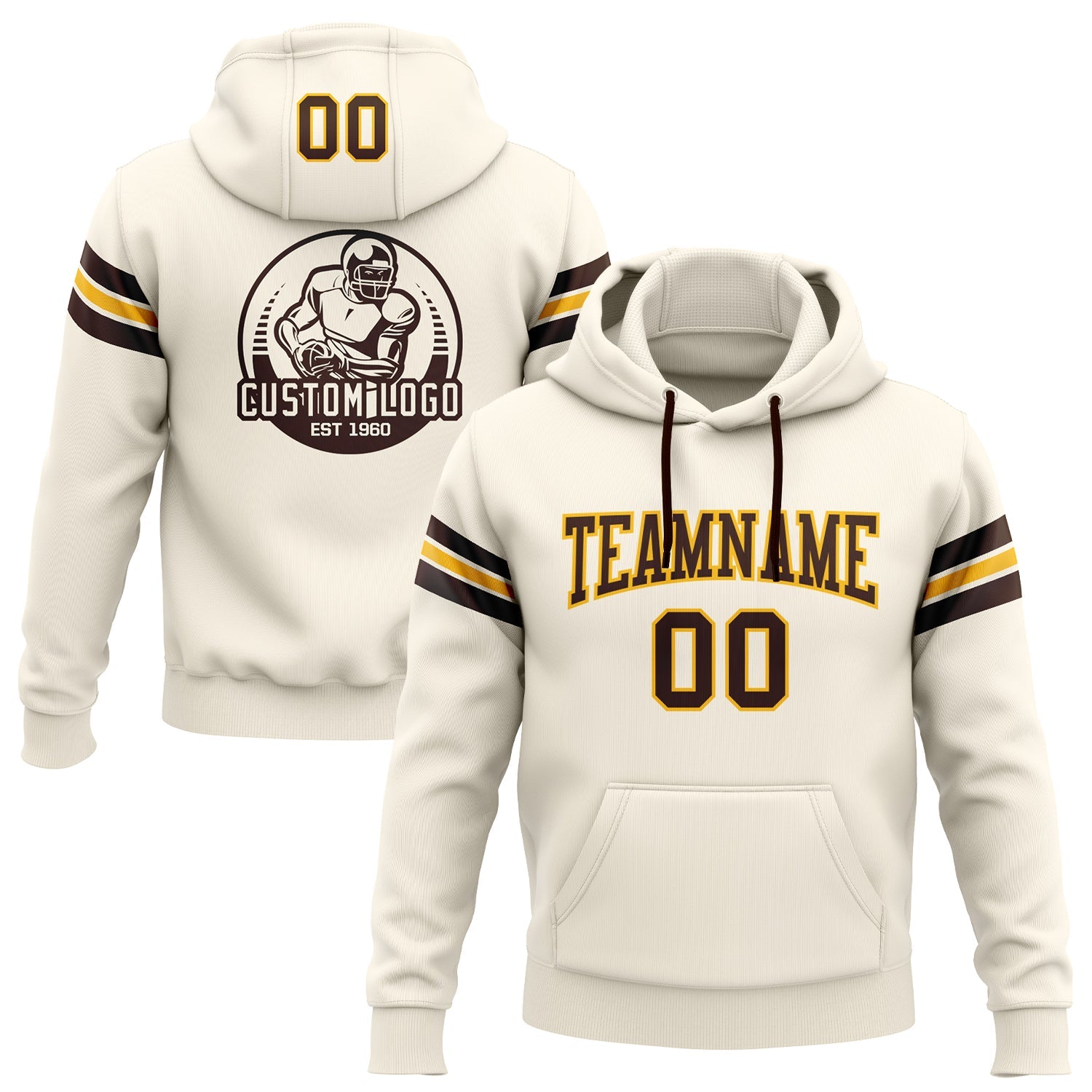Custom Stitched Cream Brown-Gold Football Pullover Sweatshirt Hoodie - Main View