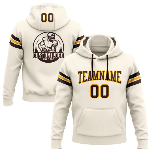 Custom Stitched Cream Brown-Gold Football Pullover Sweatshirt Hoodie - Main View