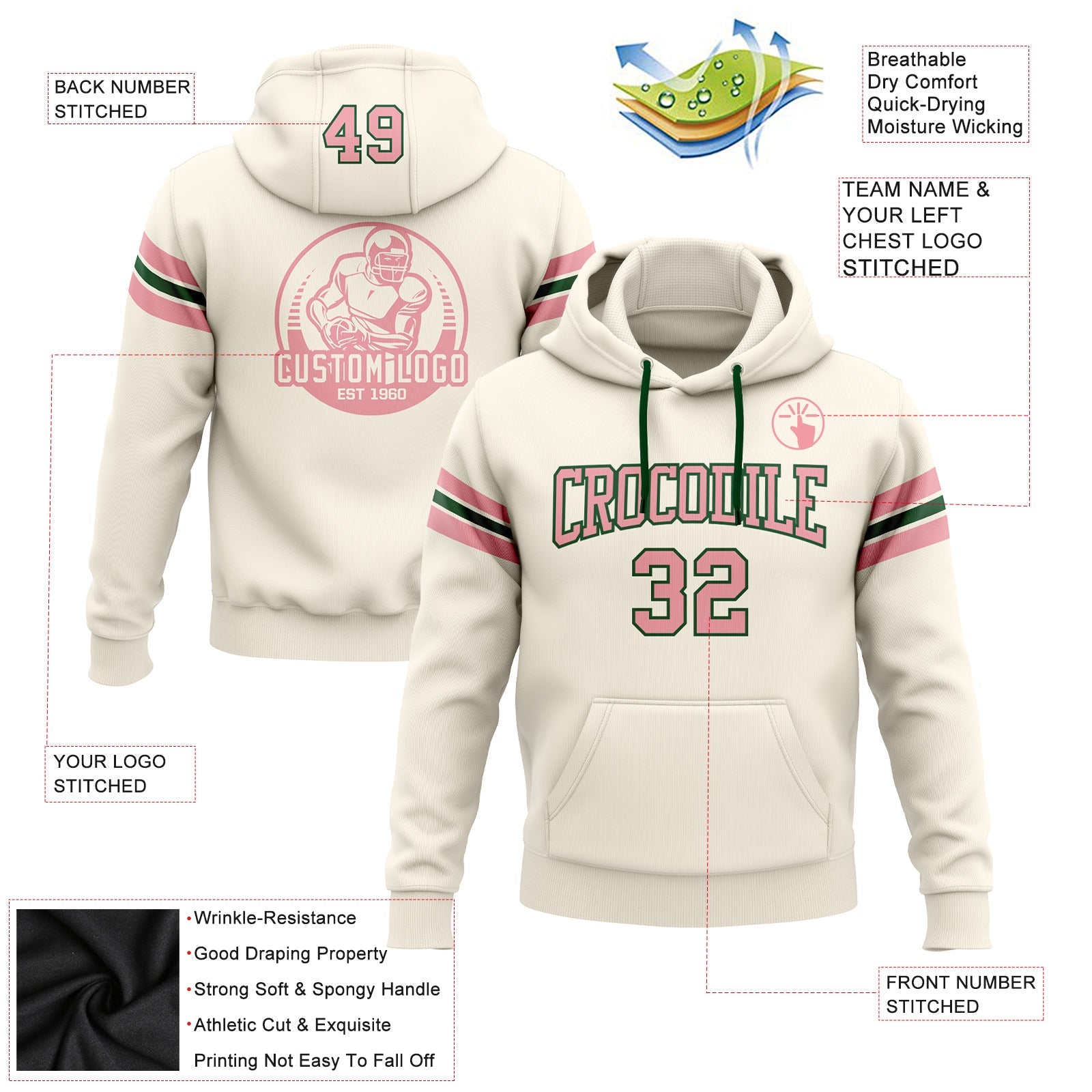 Custom Stitched Cream Medium Pink-Green Football Pullover Sweatshirt Hoodie view 2