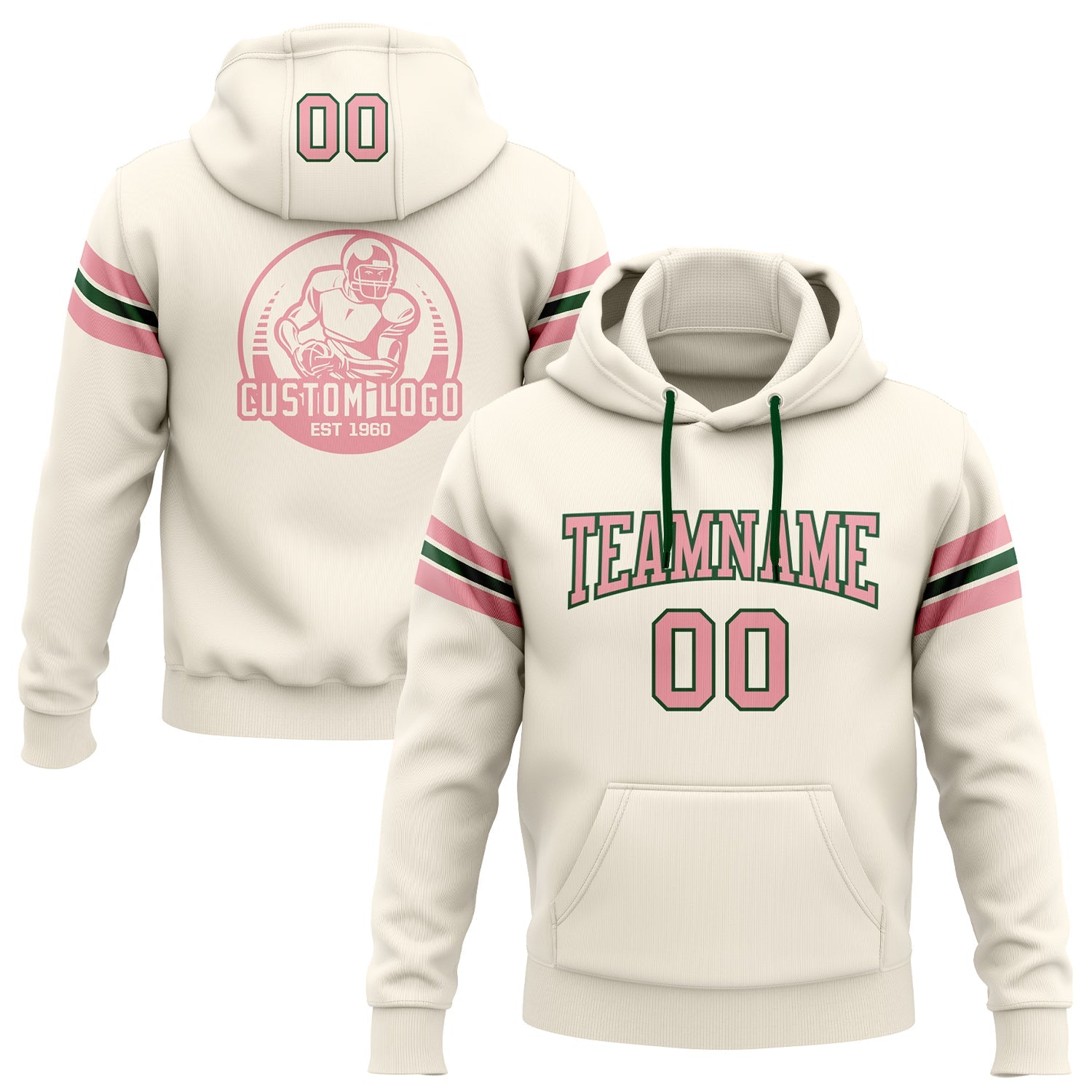 Custom Stitched Cream Medium Pink-Green Football Pullover Sweatshirt Hoodie - Main View