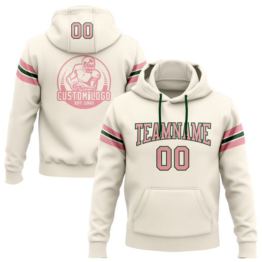 Custom Stitched Cream Medium Pink-Green Football Pullover Sweatshirt Hoodie - Main View
