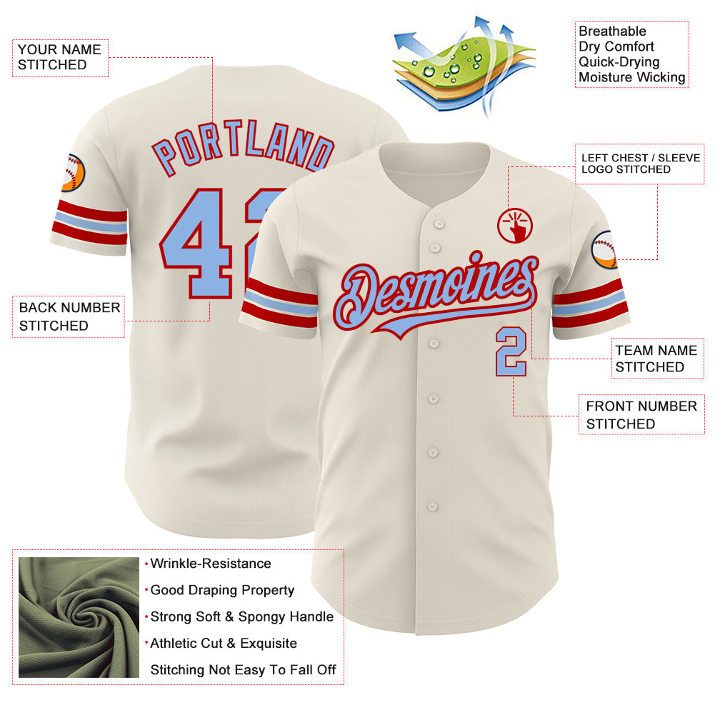 Custom Cream Light Blue-Red Authentic Baseball Jersey view 3