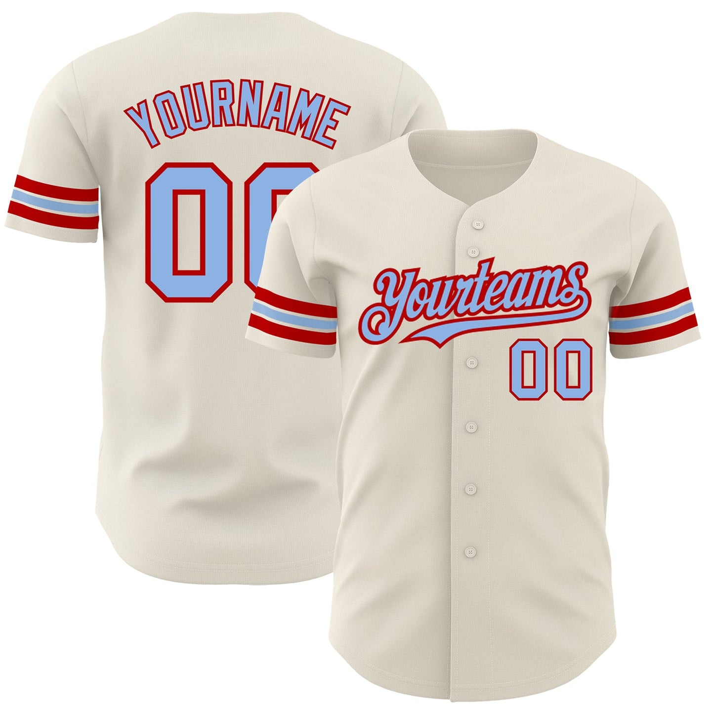 Custom Cream Light Blue-Red Authentic Baseball Jersey - Main View