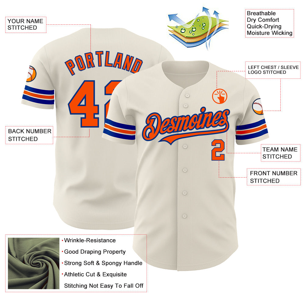 Custom Cream Orange-Royal Authentic Baseball Jersey view 3