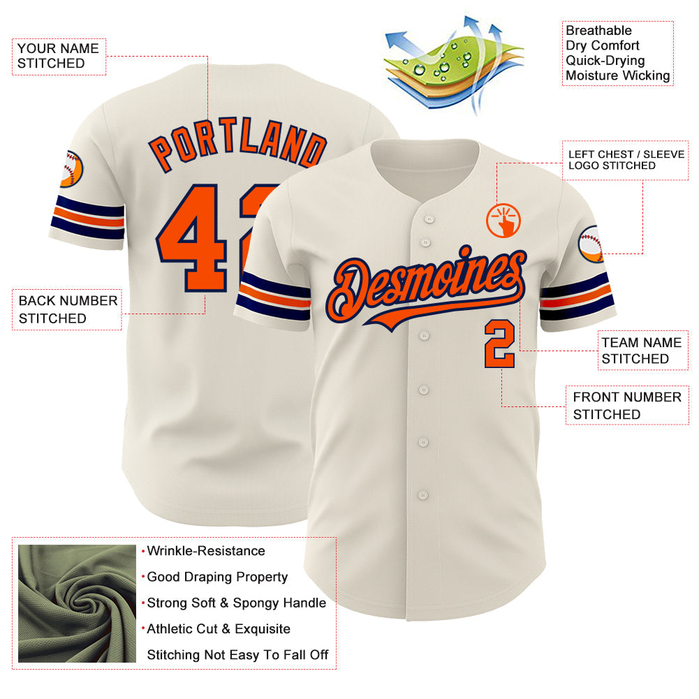 Custom Cream Orange-Navy Authentic Baseball Jersey view 3