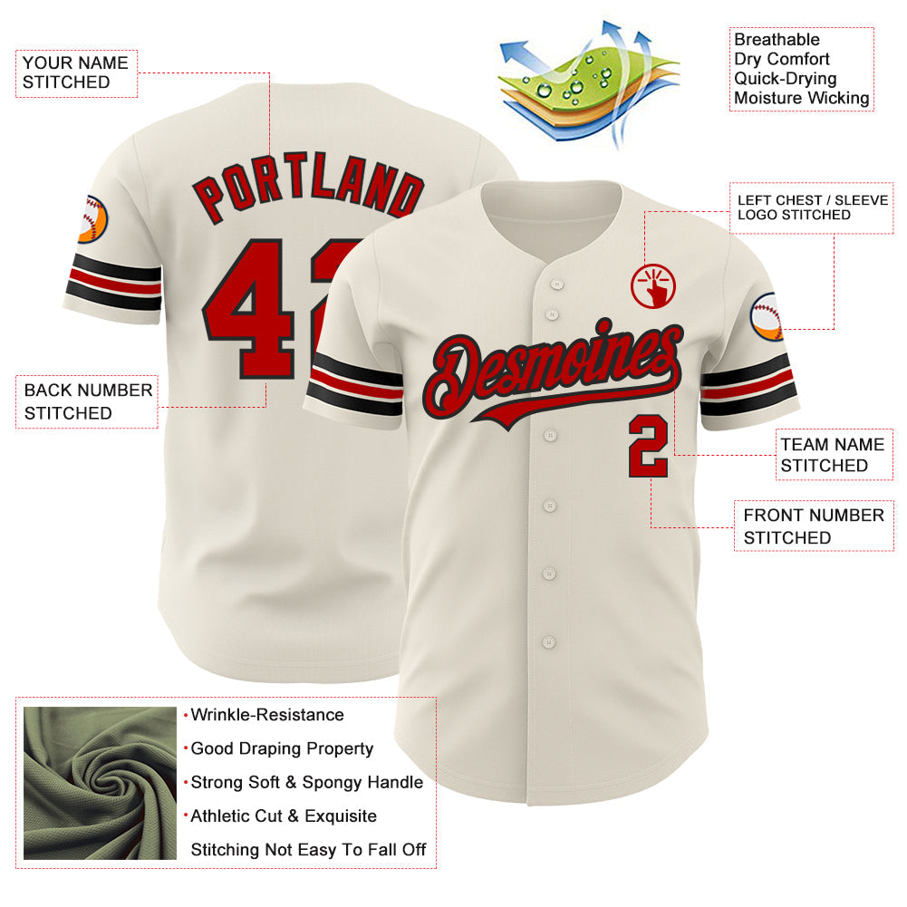 Custom Cream Red-Black Authentic Baseball Jersey view 3