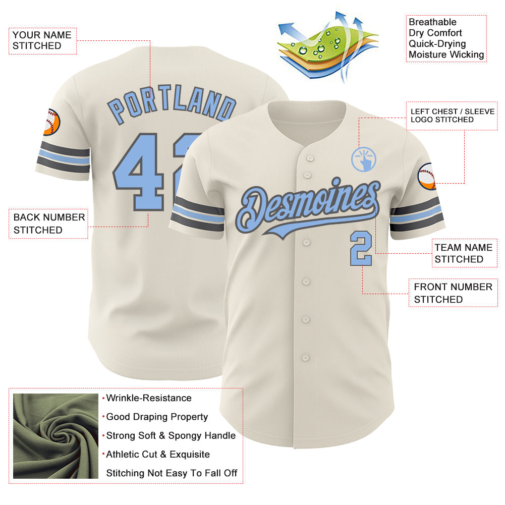 Custom Cream Light Blue-Steel Gray Authentic Baseball Jersey view 3