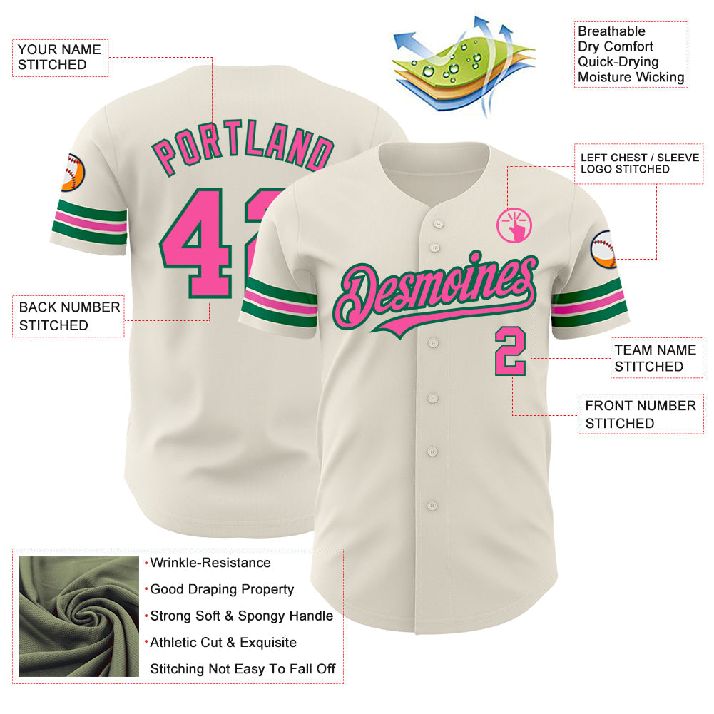 Custom Cream Pink-Kelly Green Authentic Baseball Jersey view 3