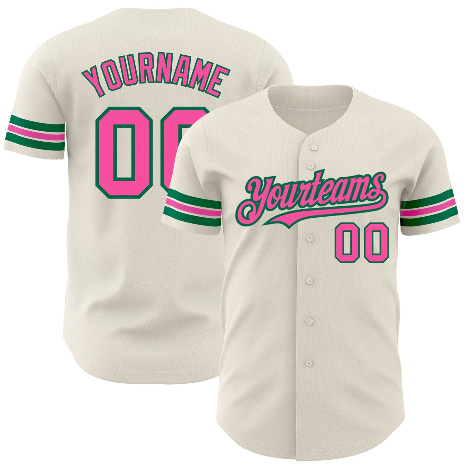 Custom Cream Pink-Kelly Green Authentic Baseball Jersey - Main View