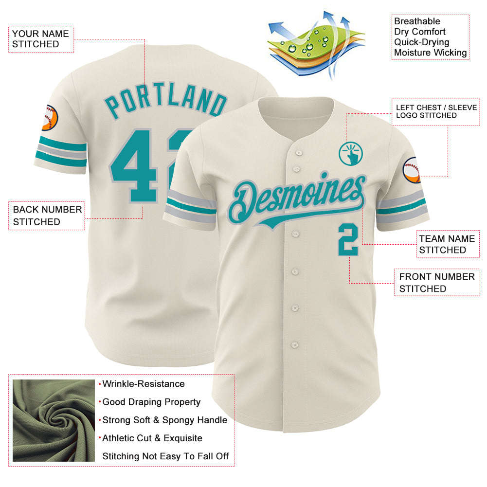 Custom Cream Teal-Gray Authentic Baseball Jersey view 3
