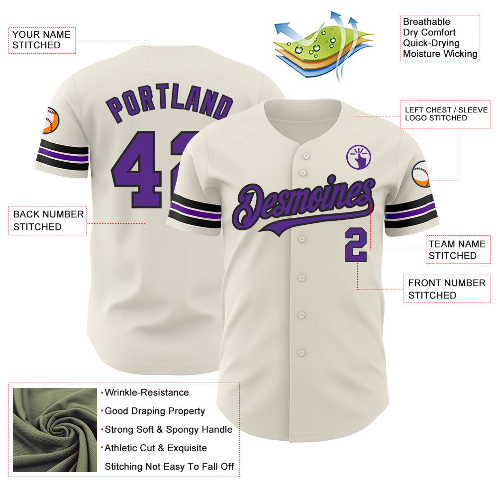 Custom Cream Purple-Black Authentic Baseball Jersey view 3