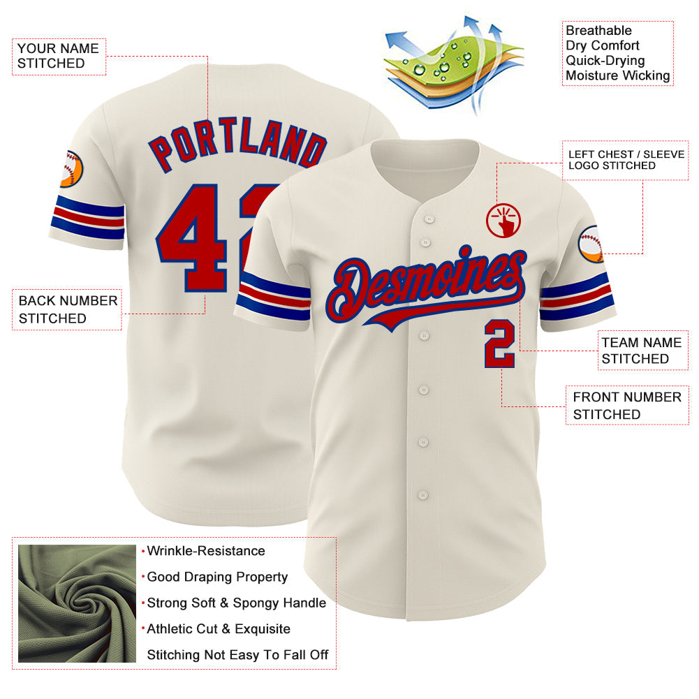 Custom Cream Red-Royal Authentic Baseball Jersey view 3