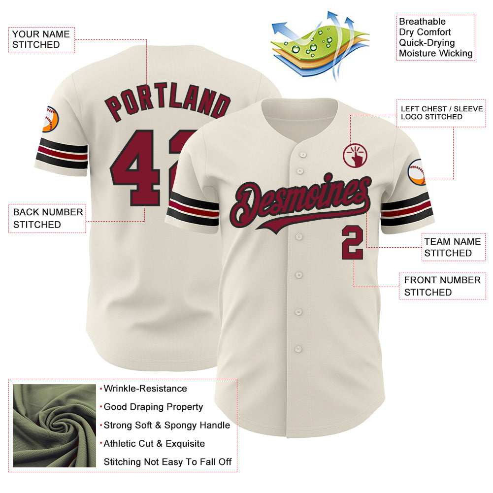 Custom Cream Crimson-Black Authentic Baseball Jersey view 3