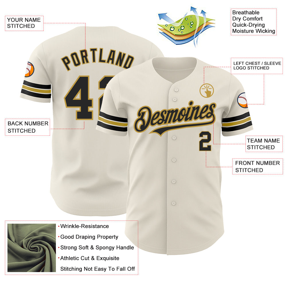 Custom Cream Black-Old Gold Authentic Baseball Jersey view 3