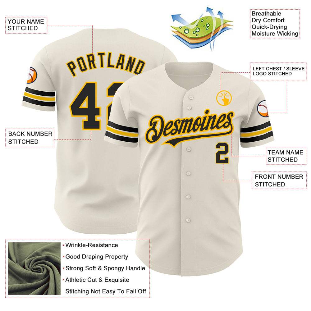 Custom Cream Black-Gold Authentic Baseball Jersey view 3
