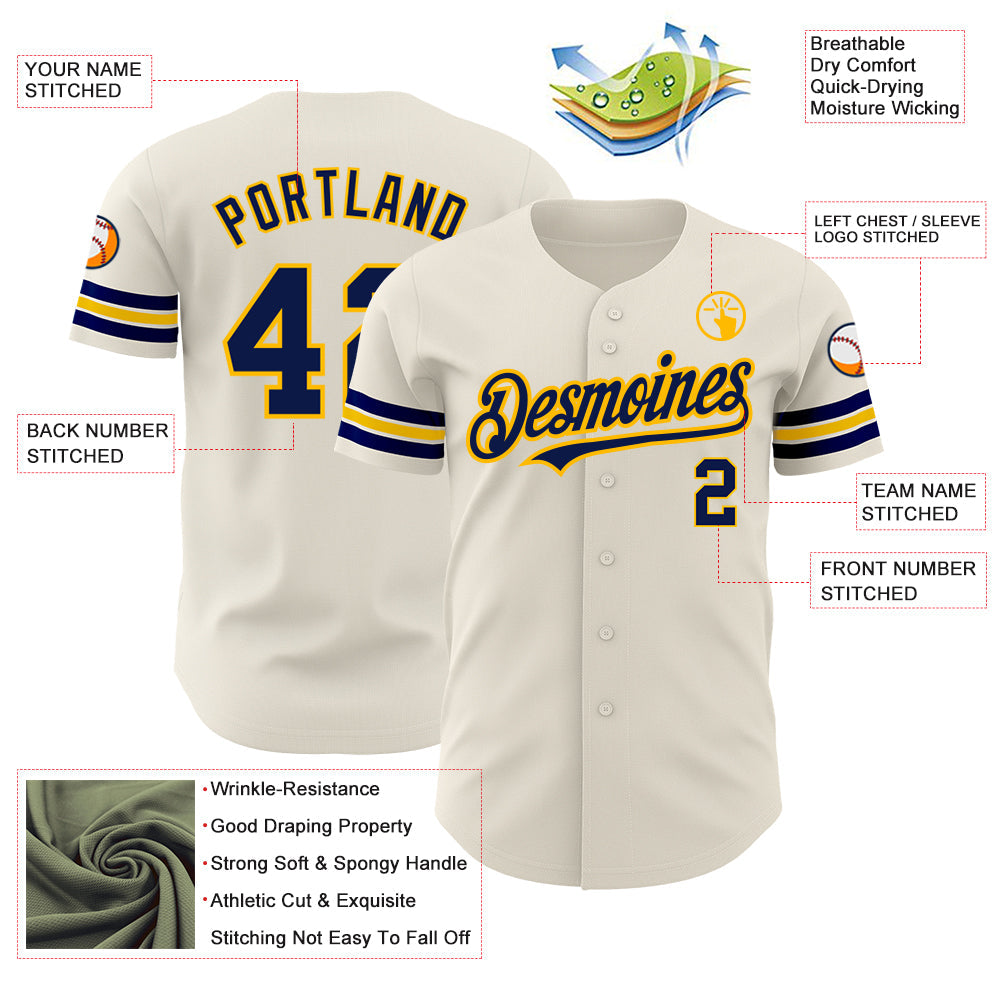Custom Cream Navy-Gold Authentic Baseball Jersey view 3