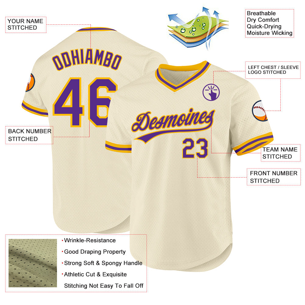Custom Cream Purple-Gold Authentic Throwback Baseball Jersey view 3