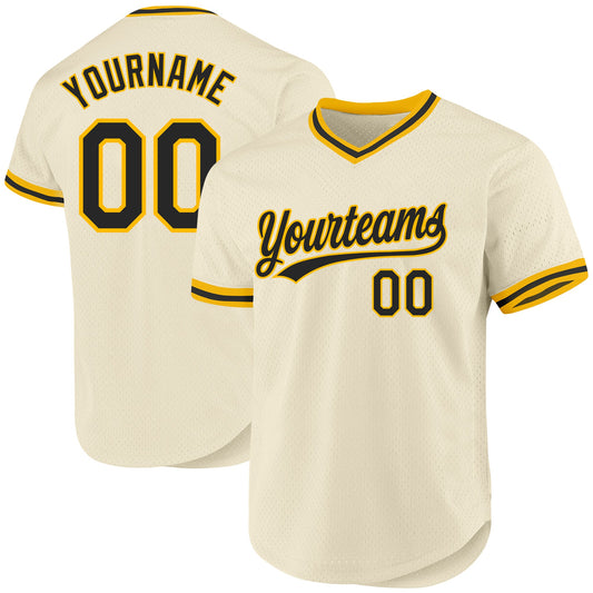 Custom Cream Black-Gold Authentic Throwback Baseball Jersey - Main View