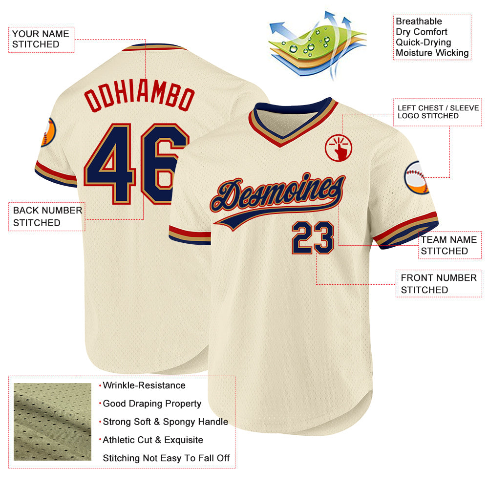 Custom Cream Navy Old Gold-Red Authentic Throwback Baseball Jersey view 3