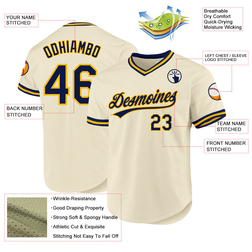 Custom Cream Navy-Gold Authentic Throwback Baseball Jersey view 3