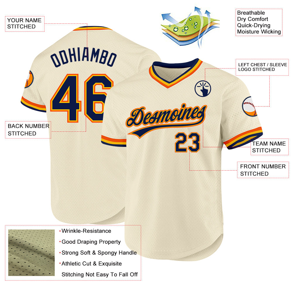 Custom Cream Navy Gold-Orange Authentic Throwback Baseball Jersey view 3