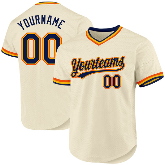 Custom Cream Navy Gold-Orange Authentic Throwback Baseball Jersey - Main View