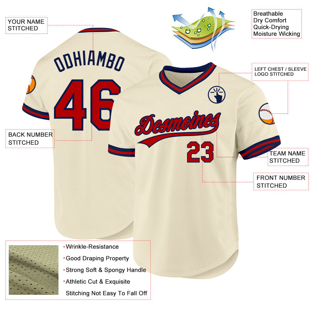 Custom Cream Red-Navy Authentic Throwback Baseball Jersey view 3