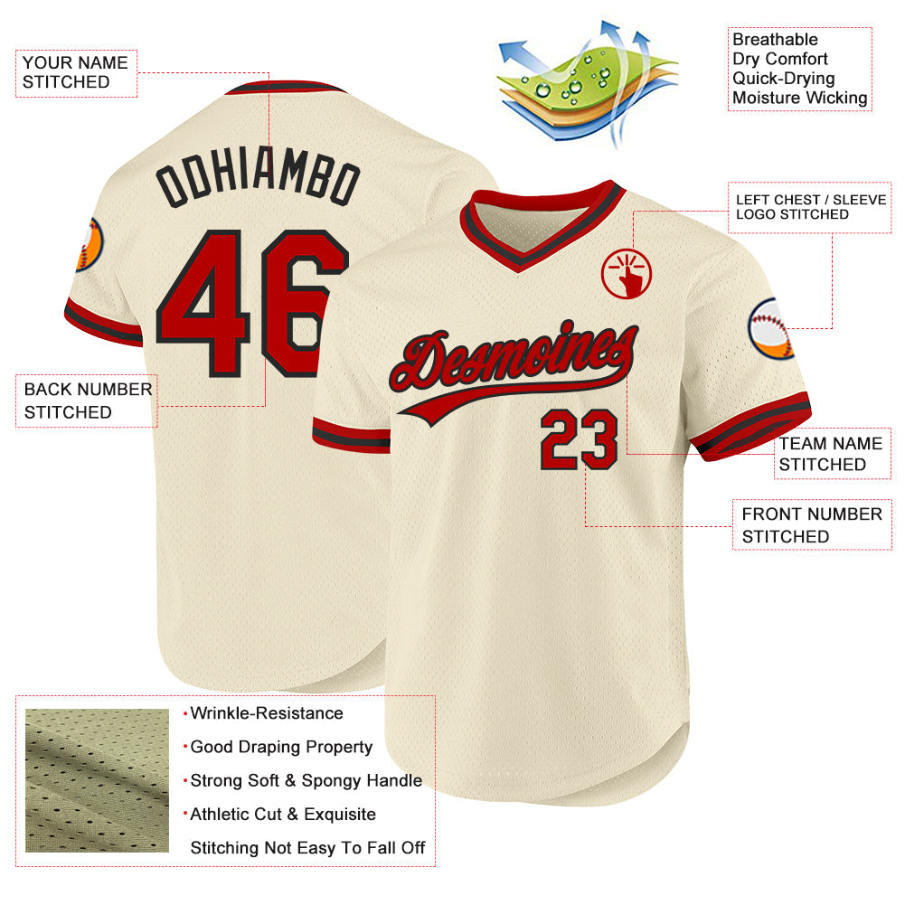 Custom Cream Red-Black Authentic Throwback Baseball Jersey view 3