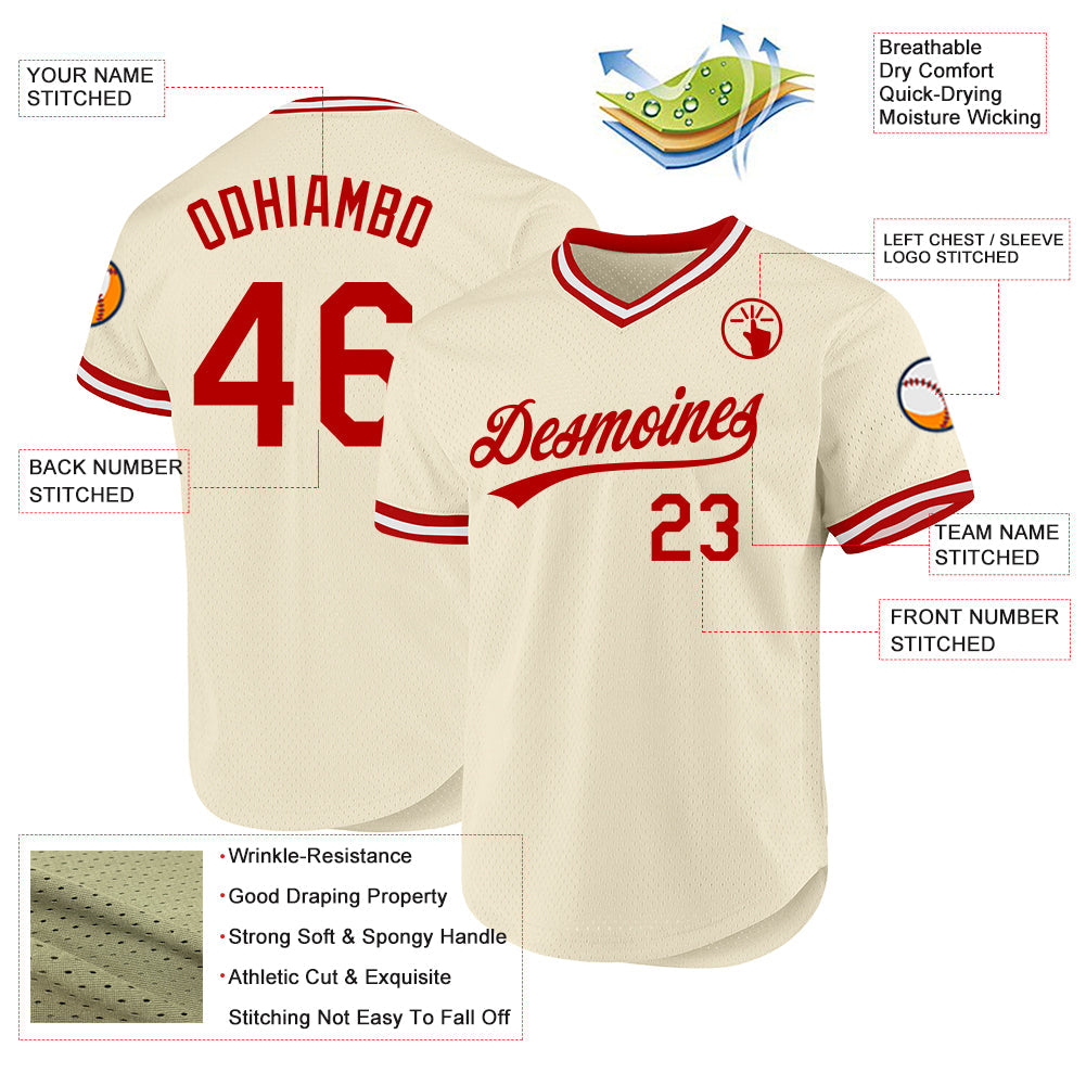Custom Cream Red-White Authentic Throwback Baseball Jersey view 3