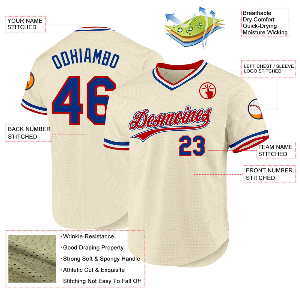 Custom Cream Royal Red-White Authentic Throwback Baseball Jersey view 3
