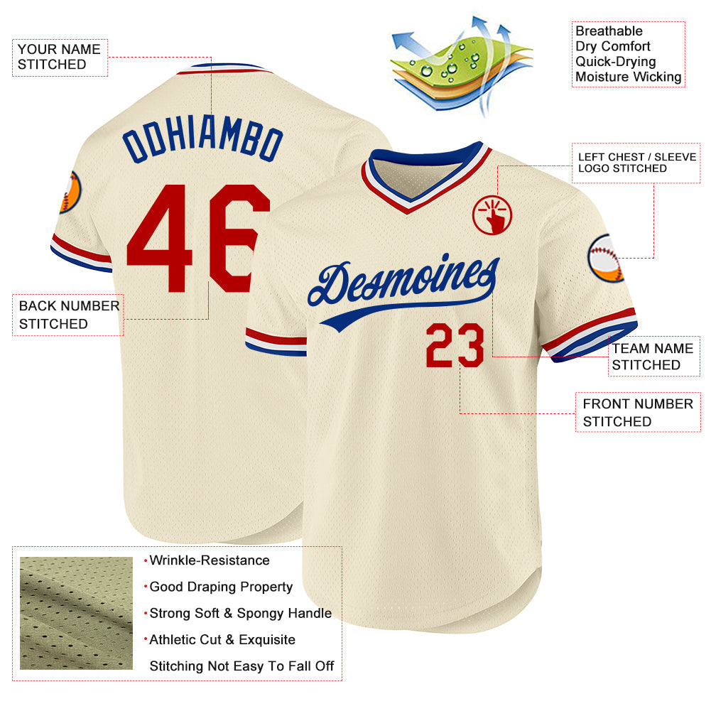 Custom Cream Red Royal-White Authentic Throwback Baseball Jersey view 3