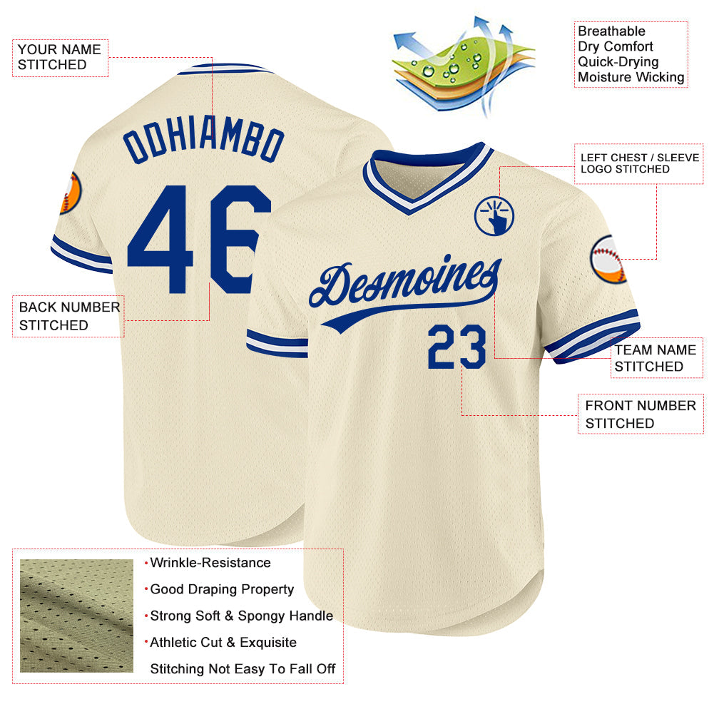 Custom Cream Royal-White Authentic Throwback Baseball Jersey view 3