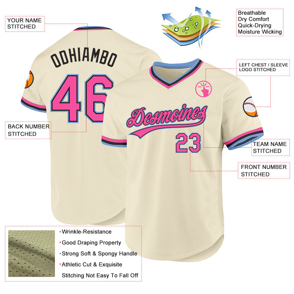 Custom Cream Pink Black-Light Blue Authentic Throwback Baseball Jersey view 3