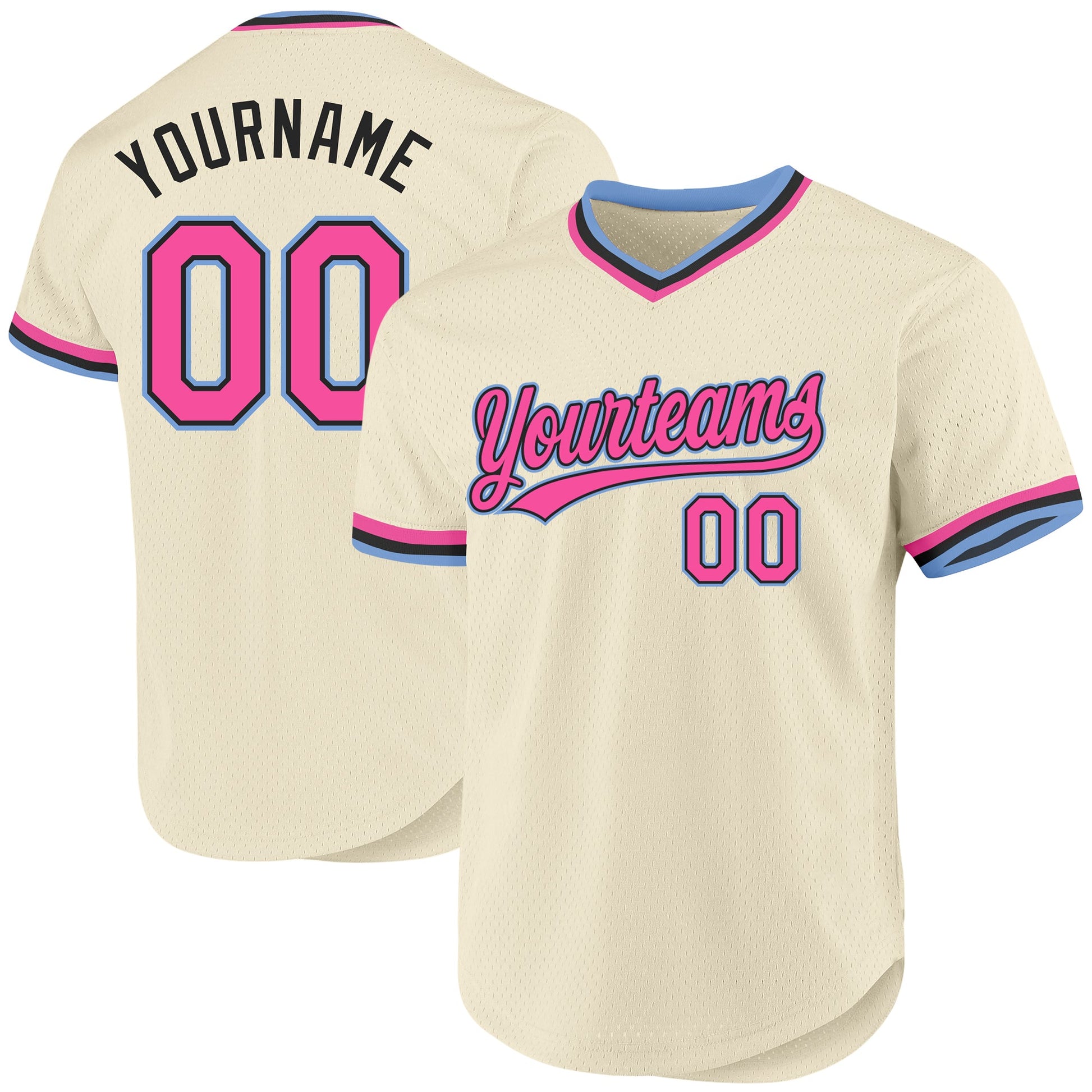 Custom Cream Pink Black-Light Blue Authentic Throwback Baseball Jersey - Main View
