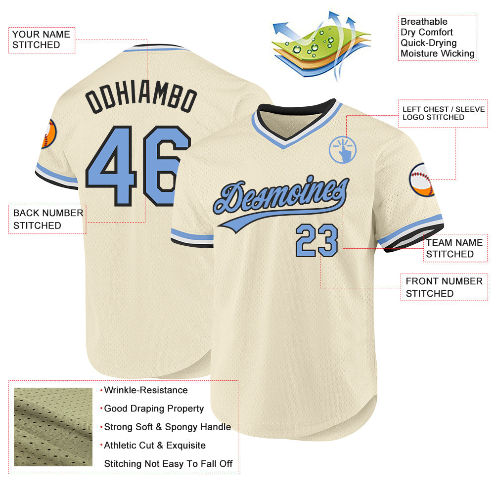 Custom Cream Light Blue-Black Authentic Throwback Baseball Jersey view 3