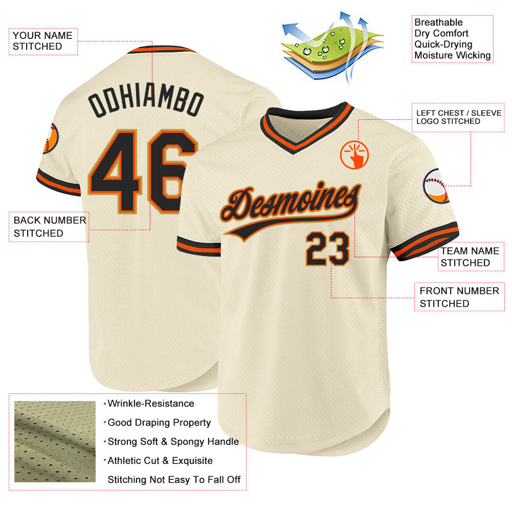 Custom Cream Black Orange-Old Gold Authentic Throwback Baseball Jersey view 3