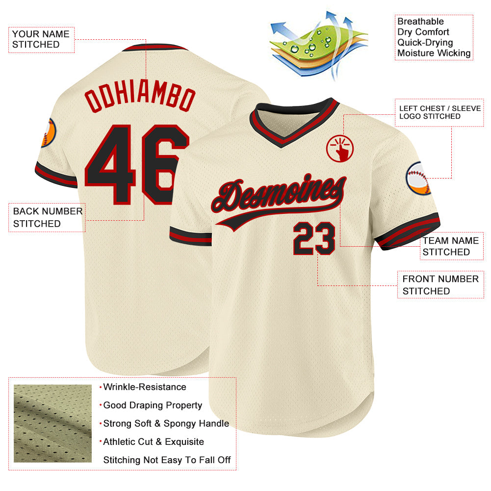 Custom Cream Black-Red Authentic Throwback Baseball Jersey view 3