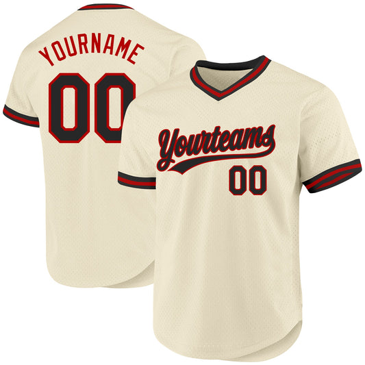 Custom Cream Black-Red Authentic Throwback Baseball Jersey - Main View