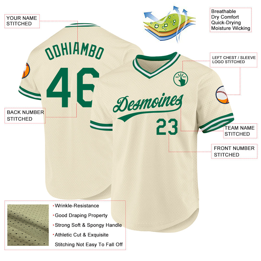 Custom Cream Kelly Green-White Authentic Throwback Baseball Jersey view 3