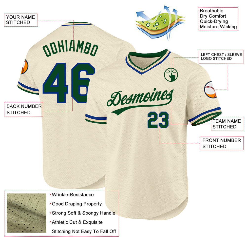 Custom Cream Green-Royal Authentic Throwback Baseball Jersey view 3