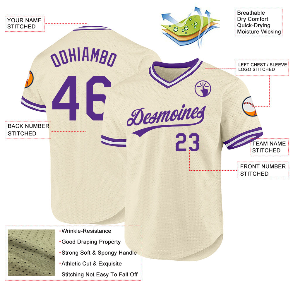 Custom Cream Purple-White Authentic Throwback Baseball Jersey view 3