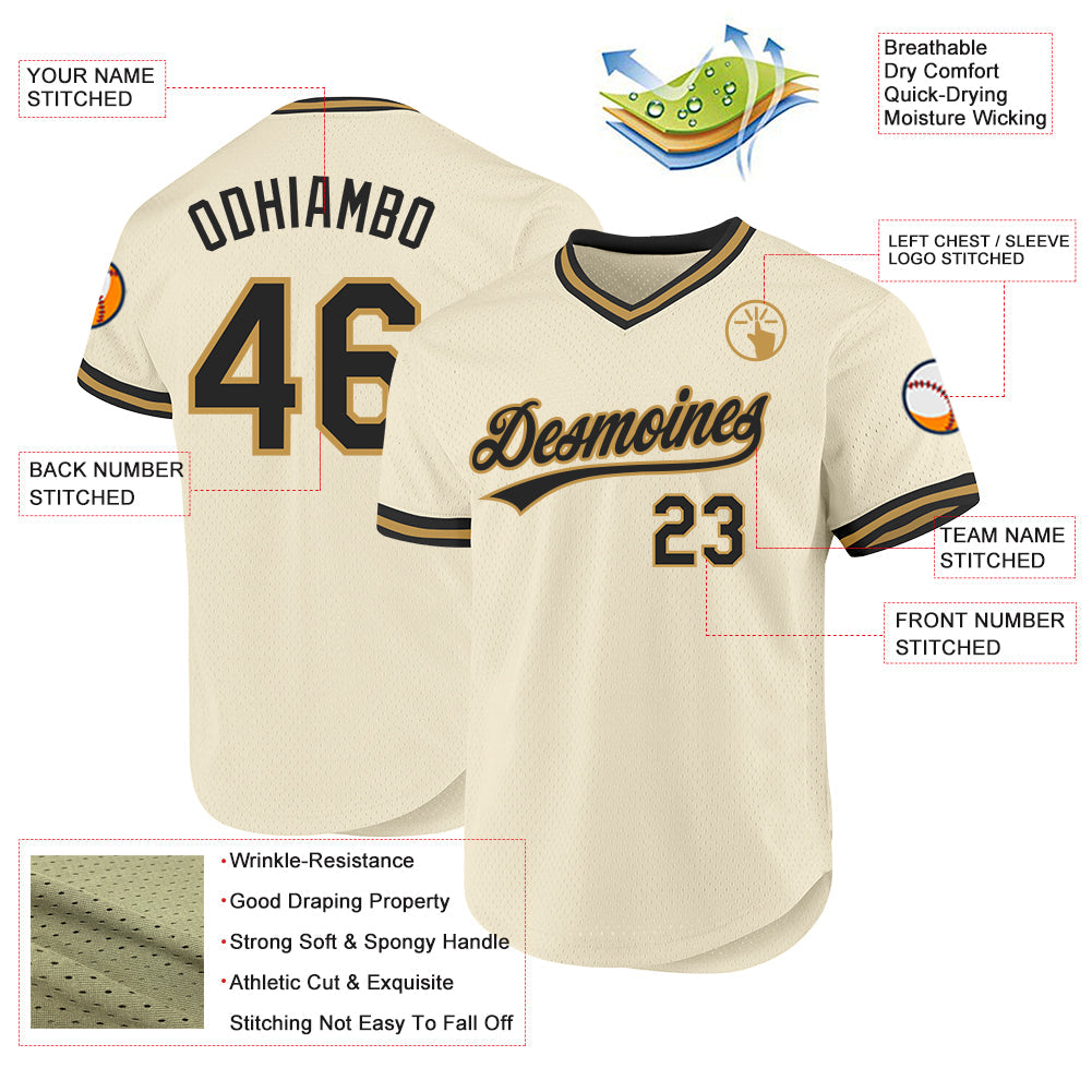 Custom Cream Black-Old Gold Authentic Throwback Baseball Jersey view 3