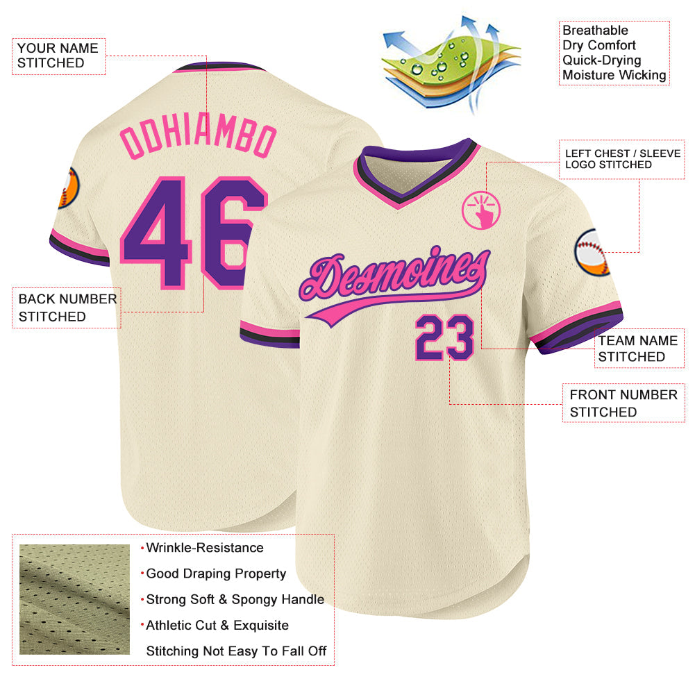 Custom Cream Purple Pink-Black Authentic Throwback Baseball Jersey view 3