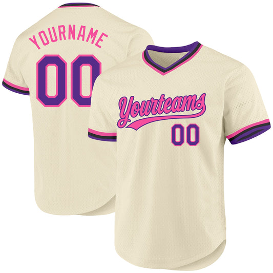 Custom Cream Purple Pink-Black Authentic Throwback Baseball Jersey - Main View