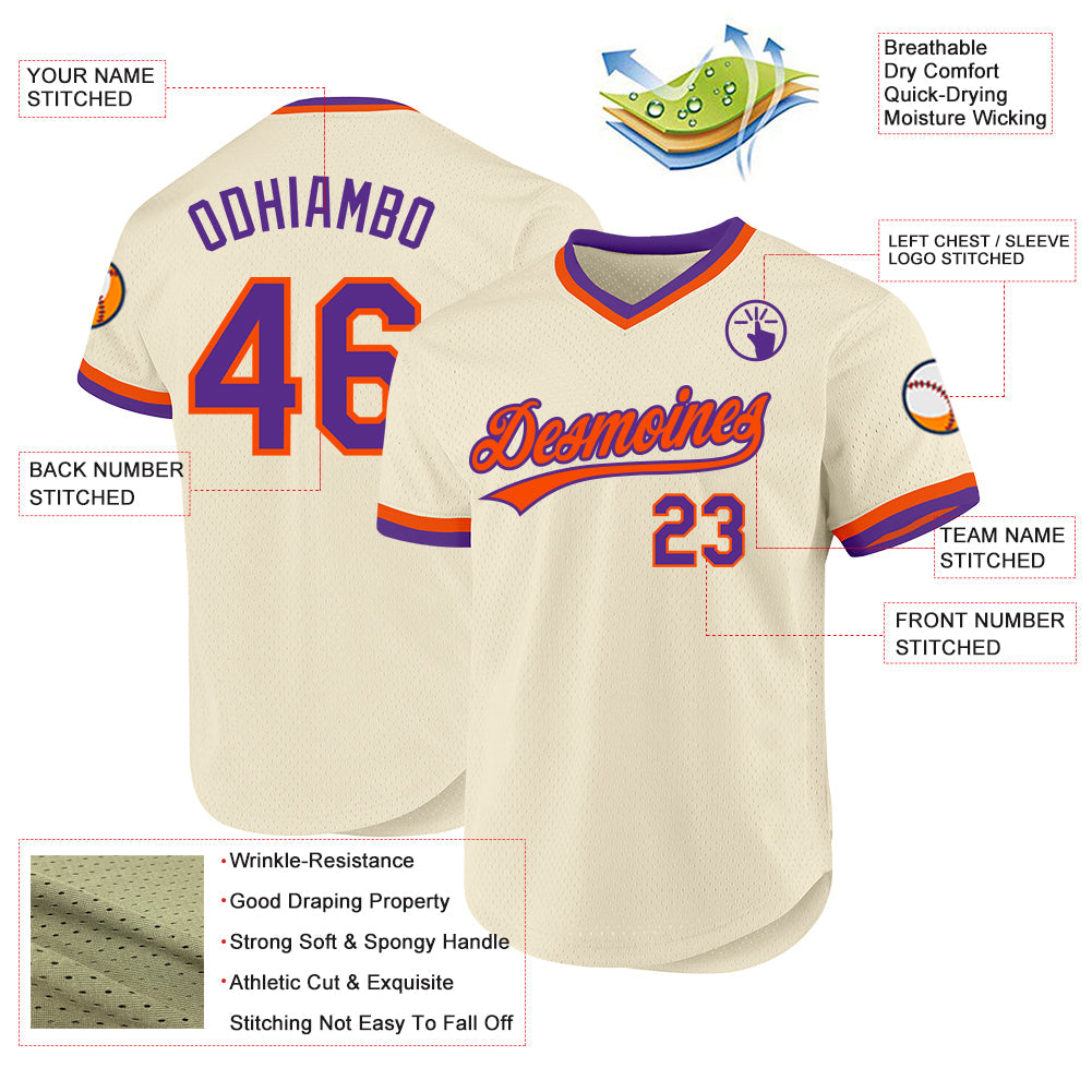 Custom Cream Purple-Orange Authentic Throwback Baseball Jersey view 3