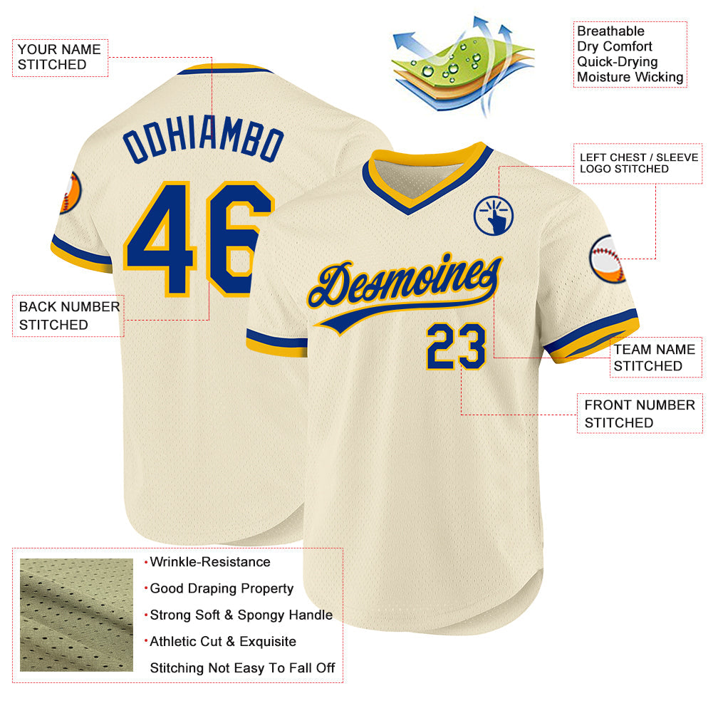 Custom Cream Royal-Gold Authentic Throwback Baseball Jersey view 3