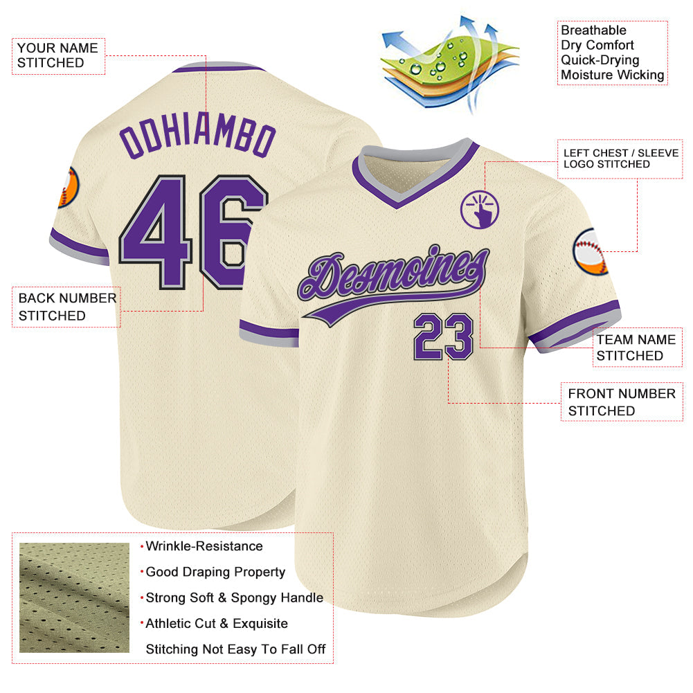 Custom Cream Purple Gray-Black Authentic Throwback Baseball Jersey view 3