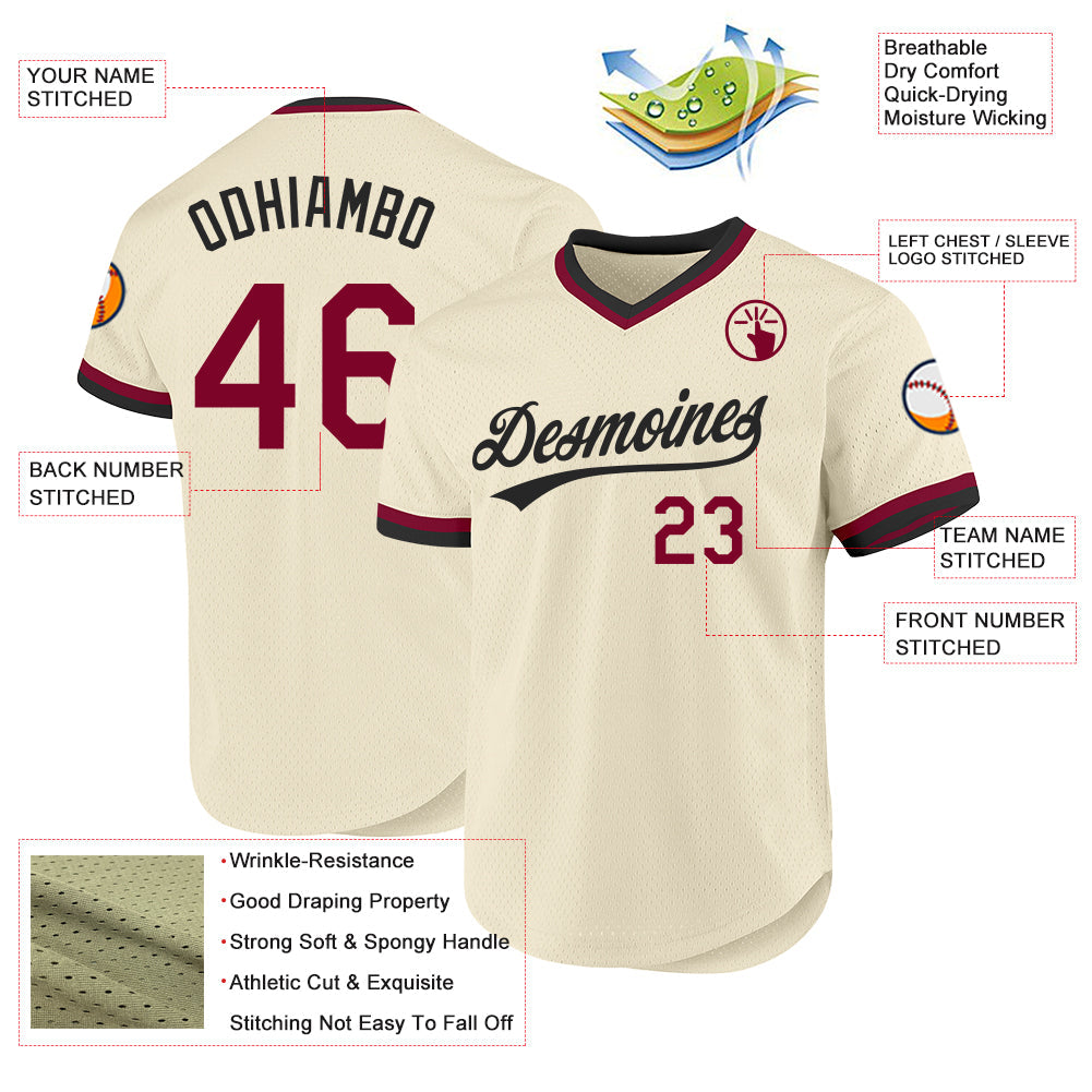 Custom Cream Maroon-Black Authentic Throwback Baseball Jersey view 3